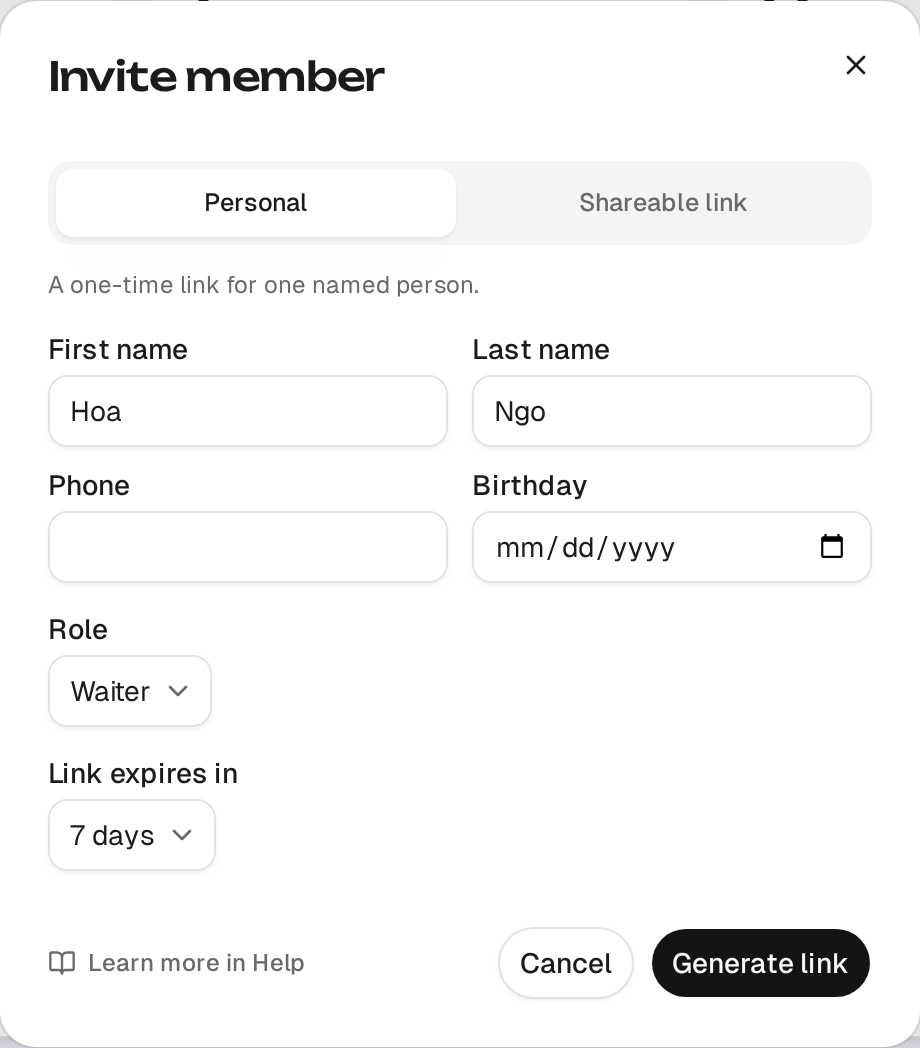 The invite dialog