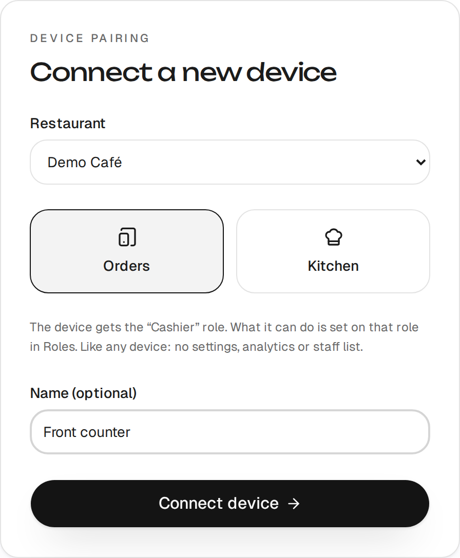 Connecting a device: screen and name