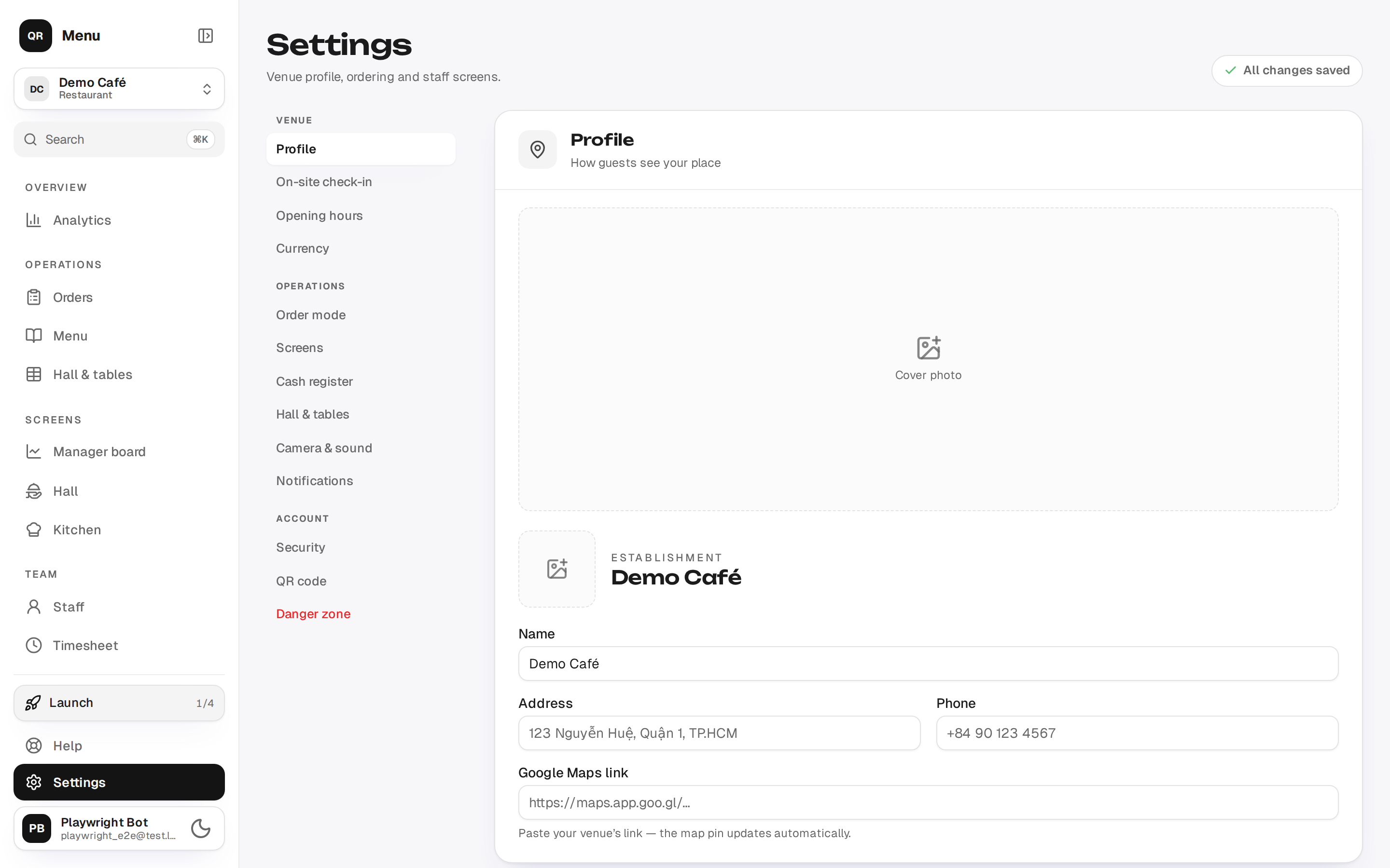 Venue settings