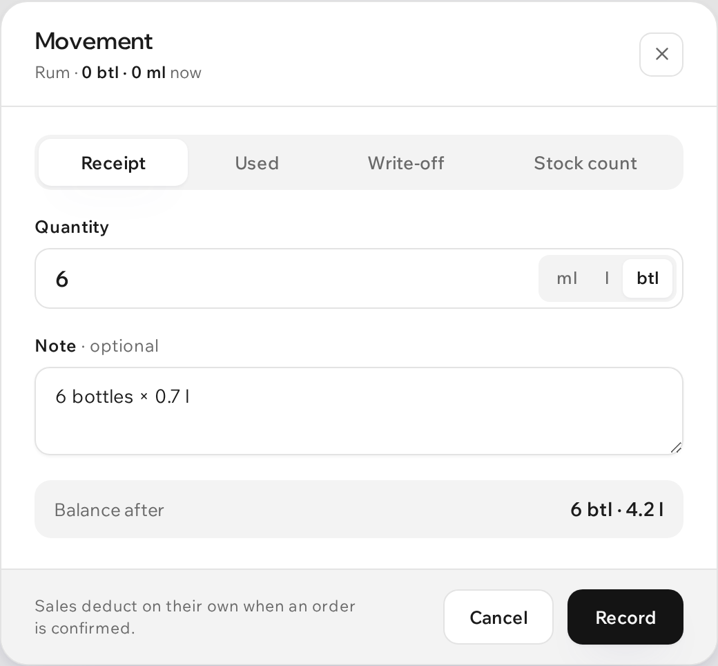 Receiving in bottles