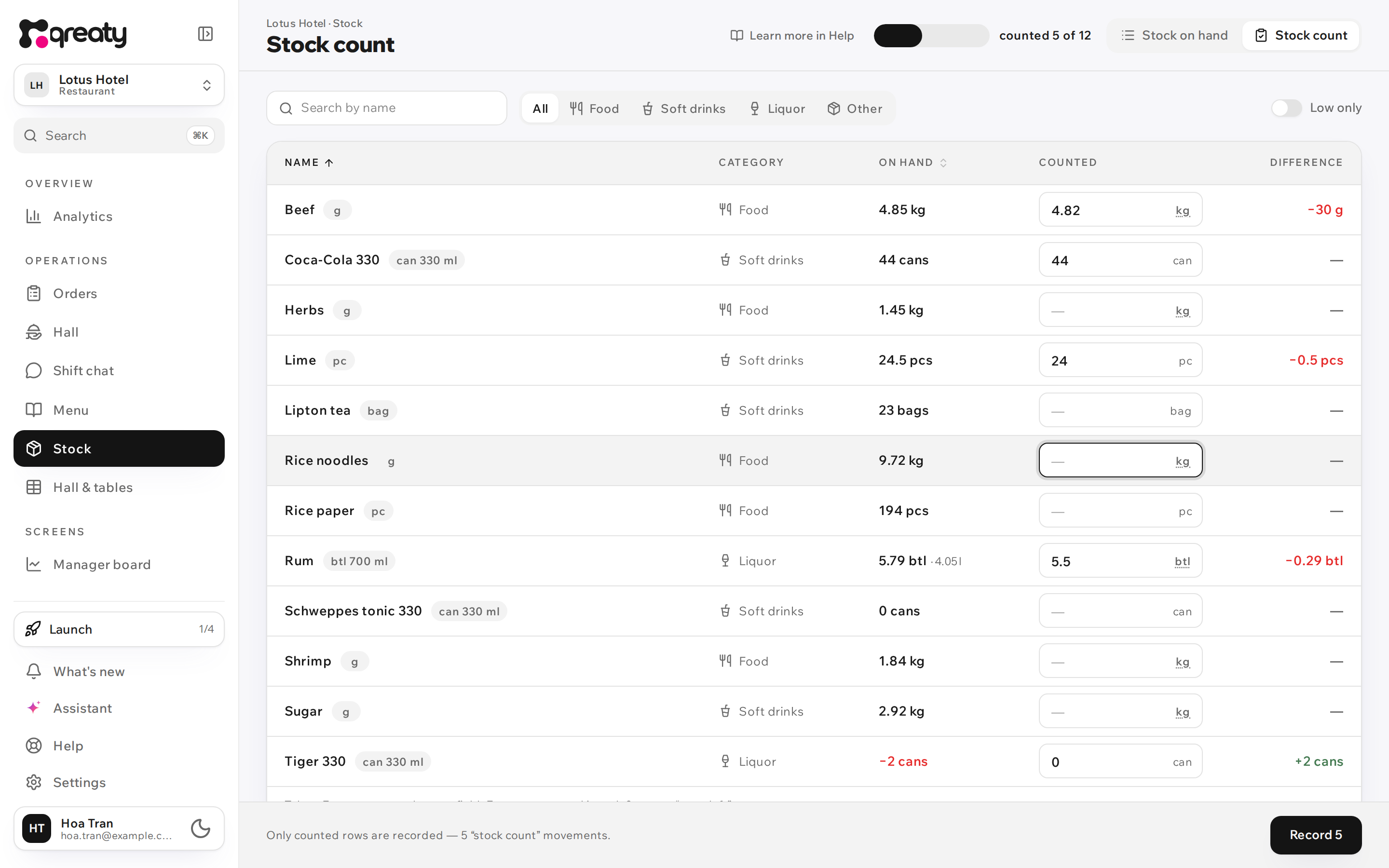 Stock count in the list