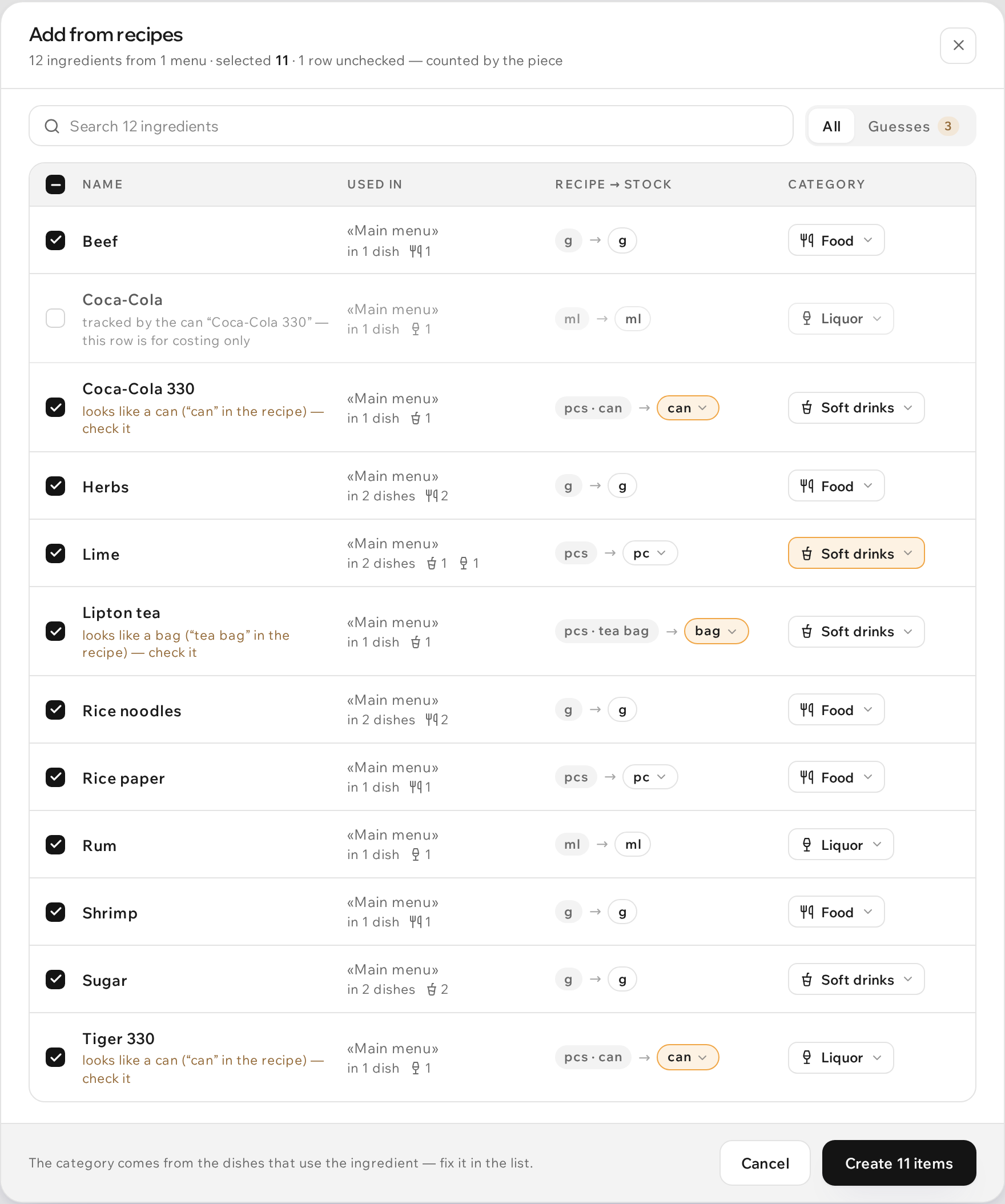 Add from recipes