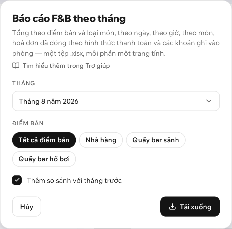Cửa sổ «Báo cáo F&B theo tháng»