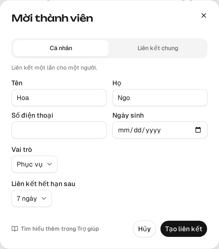 Hộp thoại mời thành viên