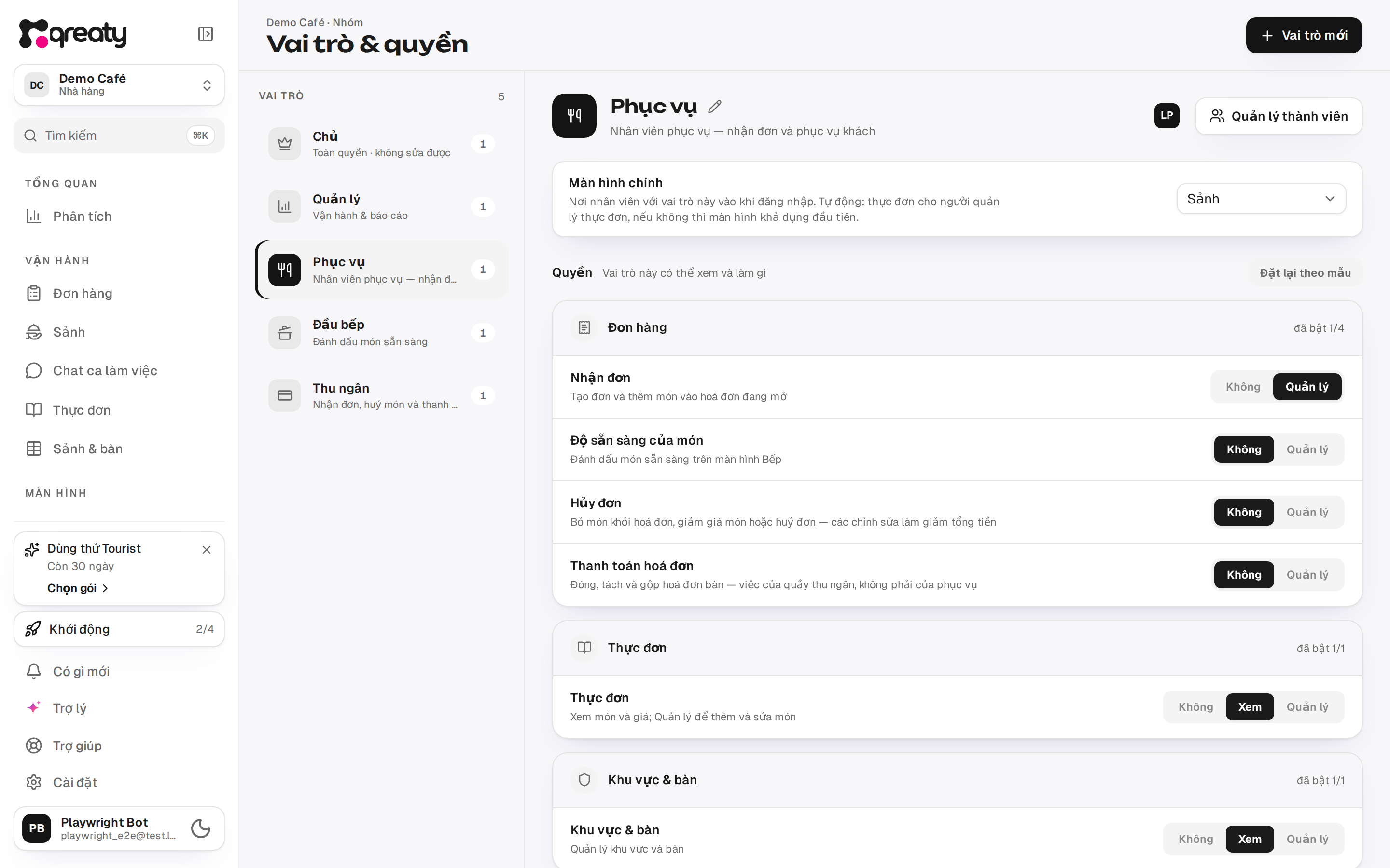 Vai trò & quyền: ma trận của Phục vụ