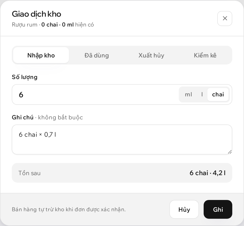 Nhập kho theo chai