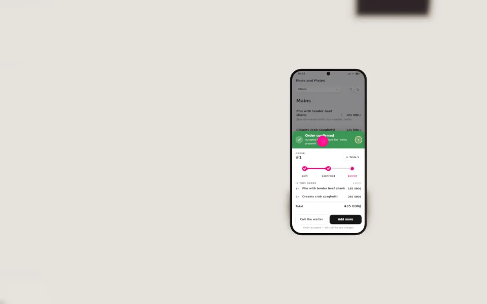 Guest phone showing the order status Served